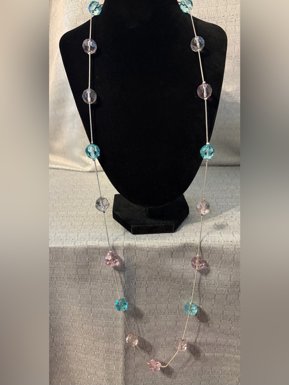 Long Beaded Station Necklace in Aqua and Lilac - Women Jewelry